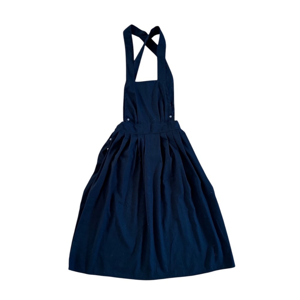 Linen blend Apron Dress Cross Back Sleeveless Flowy Midi Skirt Black Small
